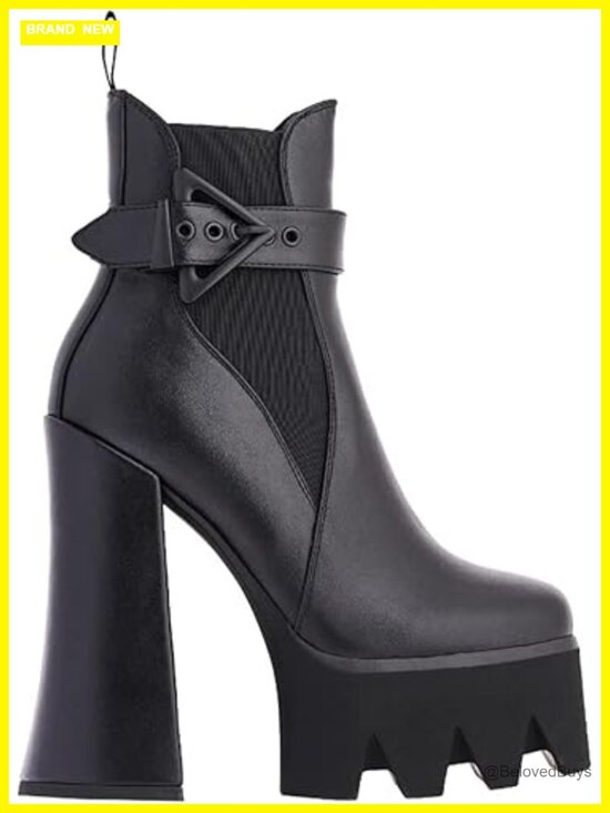 Shoes - Faux Leather Square Toe Chunky Heel Platform Ankle Booties